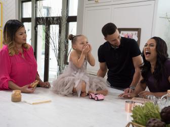 Maria, Riley, Stephen Curry and Ayesha Curry in kitchen as seen on Food Network's Ayesha's Homemade, Season 1