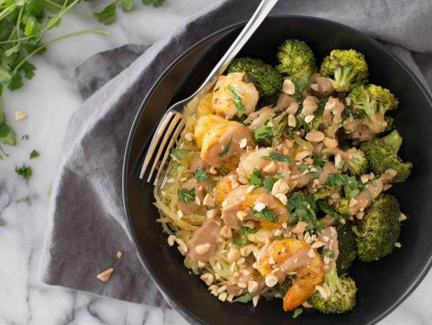 Thai Peanut Spaghetti Squash Bowls with Shrimp