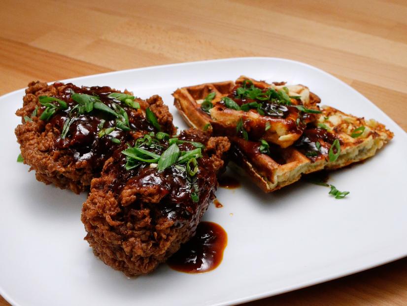 Mentor Rachael Ray's Buttermilk-and-Blue Waffles with Buffalo Whiskey Crispy Chicken is displayed, as seen on Food Network's Worst Cooks in America, Season 9.