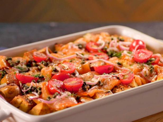 Everything-Bagel Strata with Caper Relish and Smoked Salmon