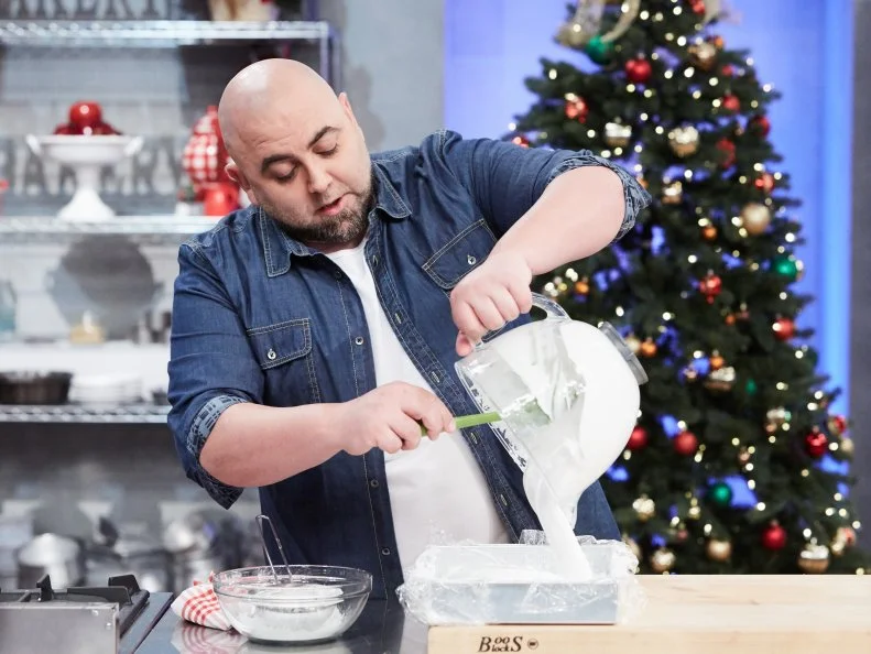 Host Duff Goldman preparing his dish, Homemade S'Mores, as seen on Food Network's Holiday Baking Championship: Duff's Sweet Spot, Season 3.