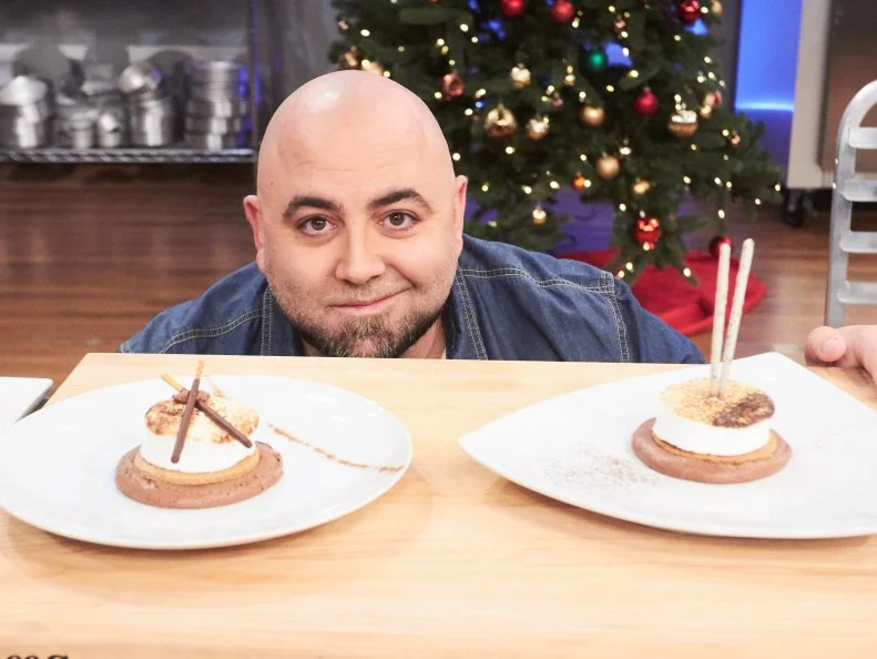 Host Duff Goldman preparing his dish, Homemade S'Mores, as seen on Food Network's Holiday Baking Championship: Duff's Sweet Spot, Season 3.