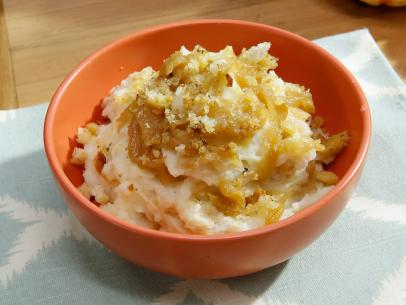 Katie Lee's French Onion Mashed Potatoes are displayed, as seen on Food Network's The Kitchen, Season 11.