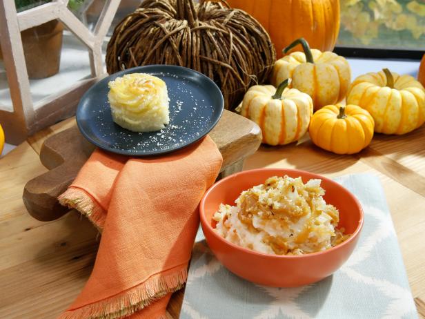 Geoffrey Zakarian's Pomme Duchesse and Katie Lee's French Onion Mashed Potatoes are displayed, as seen on Food Network's The Kitchen, Season 11.