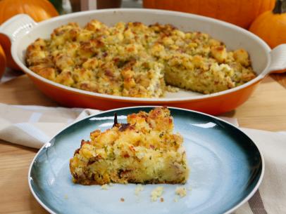 Sunny Anderson's Southern Cornbread Stuffing is displayed, as seen on Food Network's The Kitchen, Season 11.