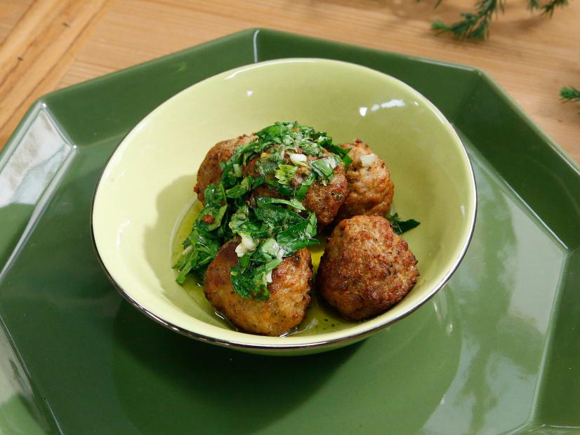 Sunny Anderson's Beef Meatballs with Chimichuri Sauce are displayed, as seen on Food Network's The Kitchen, Season 11.