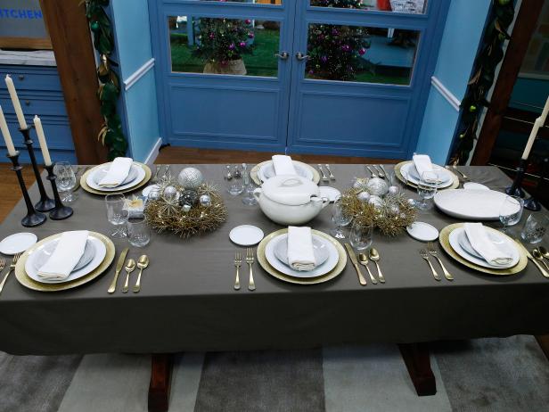 The tablescape of items from Crate & Barrel created during the Set A Table That Sparkles segment is displayed, as seen on Food Network's The Kitchen, Season 11.