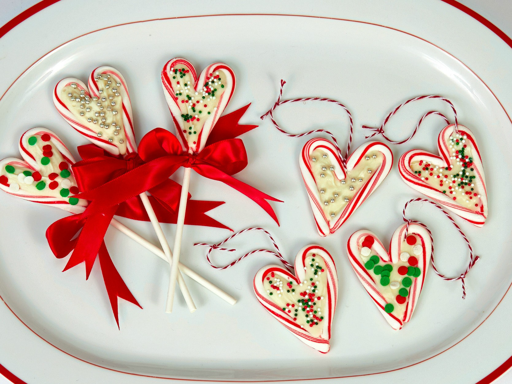Set of 3  Candy Cane Heart Ornaments w 