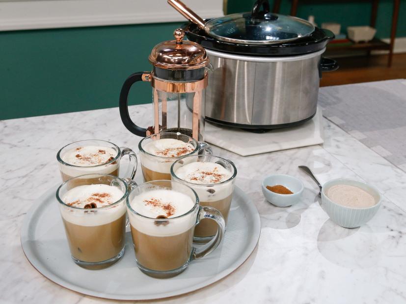 Katie Lee's Slow Cooker Dirty Chai Latte is displayed, as seen on Food Network's The Kitchen, Season 11.