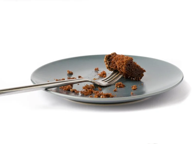 crumbs of chocolate cake on a plate after eating