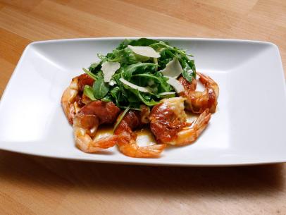Mentor Rachael Ray's Shrimp with Sage and Prosciutto with Fennel and Arugula Salad is displayed, as seen on Food Network's Worst Cooks in America, Season 10.