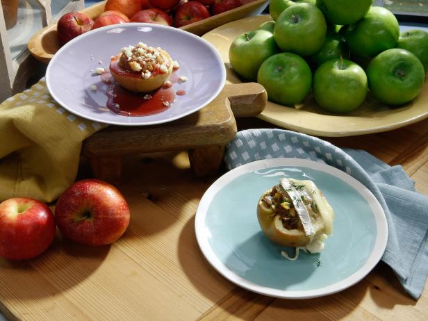Sunny Anderson's Peanut Butter and Jelly Stuffed Apple and Jeff Mauro's Sausage and Sage Stuffed Apple are displayed, as seen on Food Network's The Kitchen, Season 11.