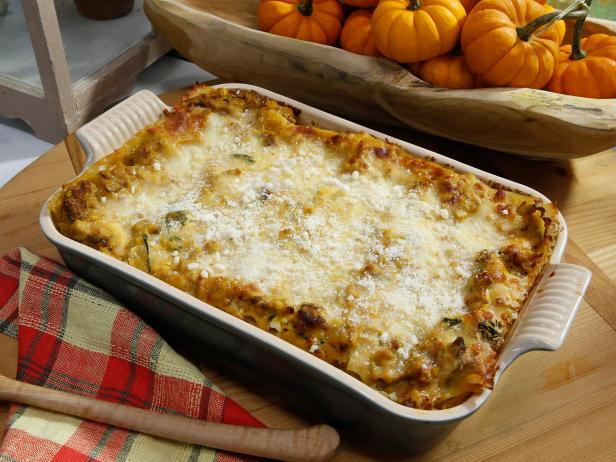 Katie Lee's Butternut Squash and Sausage Lasagna is displayed, as seen on Food Network's The Kitchen, Season 11.