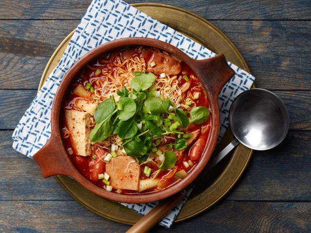Food Network Kitchen's Budae Jjigae (Army Stew) for LESSONS FROM GRANDMA/MICROWAVE VEGGIES/CHICKEN SOUP, as seen on Food Network