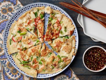Food Network Kitchen's Haemul Pajeon (Korean Seafood Pancake) for LESSONS FROM GRANDMA/MICROWAVE VEGGIES/CHICKEN SOUP, as seen on Food Network