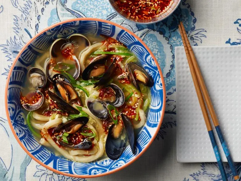 Food Network Kitchen's  Seafood Kalguksu (knife noodles) for LESSONS FROM GRANDMA/MICROWAVE VEGGIES/CHICKEN SOUP, as seen on Food Network