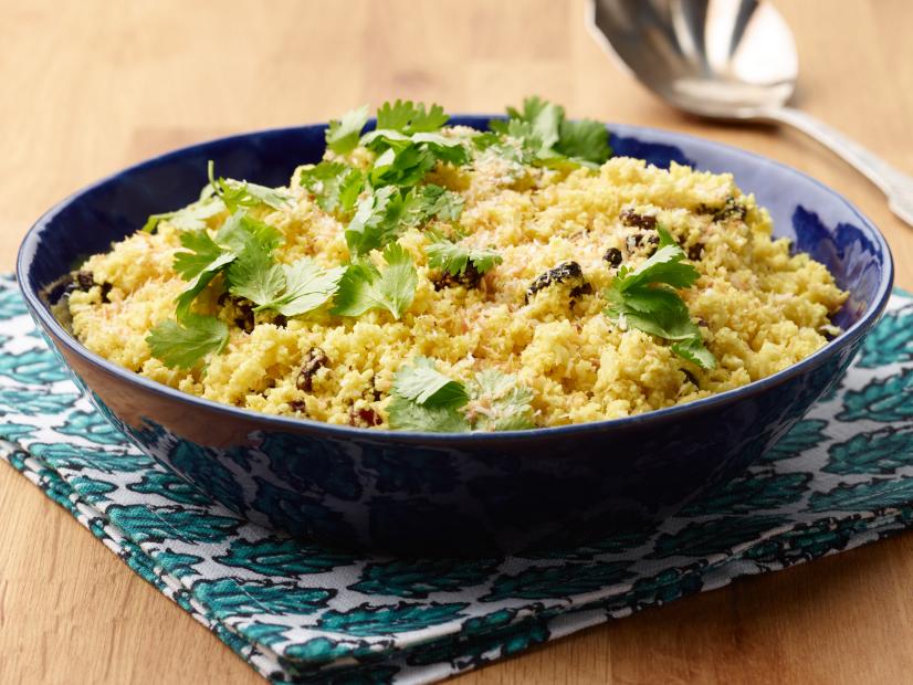 Food Network Kitchen's Microwave Veggies, Microwave Spiced Cauliflower "Couscous" with Raisins and Coconut for LESSONS FROM GRANDMA/MICROWAVE VEGGIES/CHICKEN SOUP, as seen on Food Network