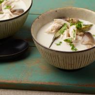Tyler Florence's Thai Coconut Chicken Soup for, LESSONS FROM GRANDMA/MICROWAVE VEGGIES/CHICKEN SOUP, as seen on Food Network's Food 911. Episode: Soups On!