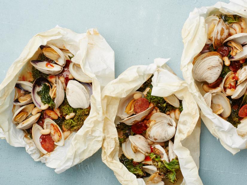 Food Network Kitchen’s Clam Chorizo and Kale for Healthy Parchment Dinners, as seen on Food Network