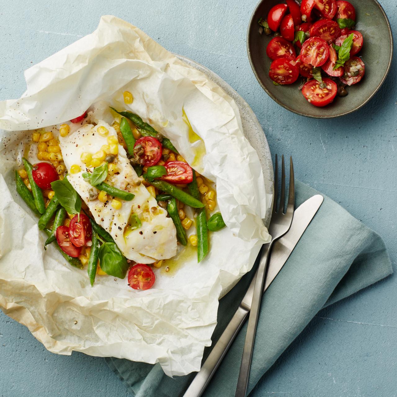 Cod with Tomato Basil Salsa Parchment Pack