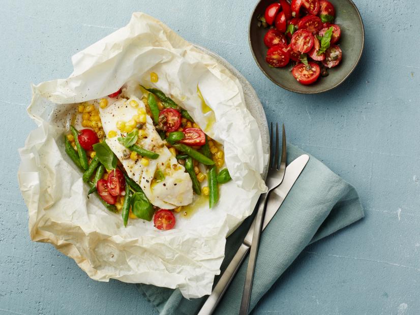 Food Network Kitchen’s Cod with Tomato Basil Salsa for Healthy Parchment Dinners, as seen on Food Network