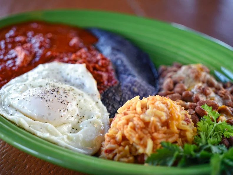 Stacked Blue Corn Enchiladas with Egg at Bruno's