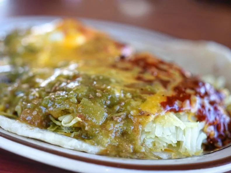 Huevos Ranchers with red and green chile at Perea's in Albuquerque, New Mexico