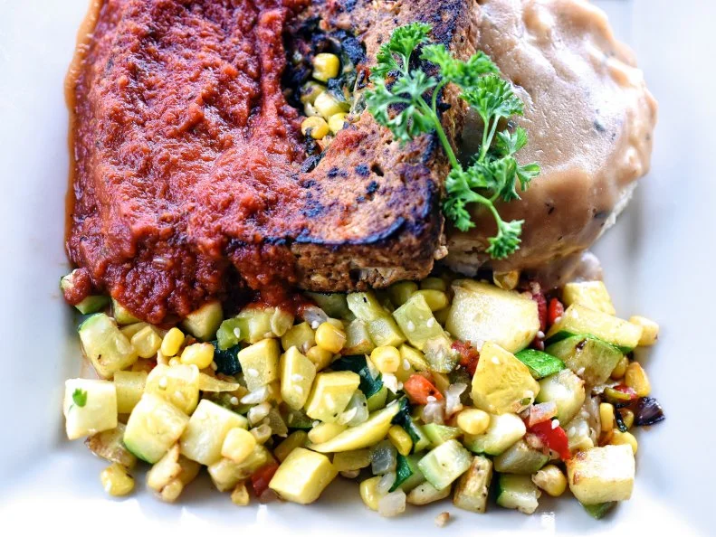 Green Chile Meatloaf with Calabacitas and Mashed Potatoes from the Plaza Diner in Santa Fe, New Mexico