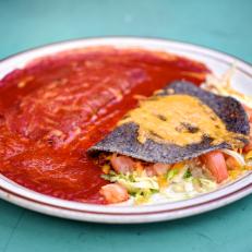 Blue Corn Taco and Blue Corn Enchilada smothered in red from The Shed in Santa Fe, New Mexico.