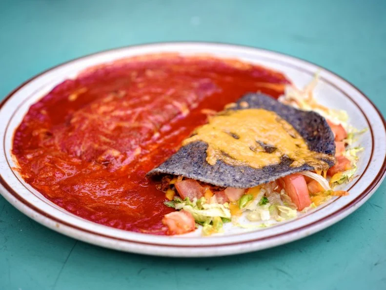 Blue Corn Taco and Blue Corn Enchilada smothered in red from The Shed in Santa Fe, New Mexico.