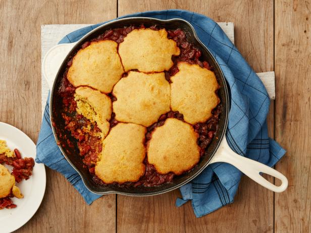 Food Network Kitchen’s Cornbread Crusted Chili for Comfort Cast Iron Dinners, as seen on Food Network