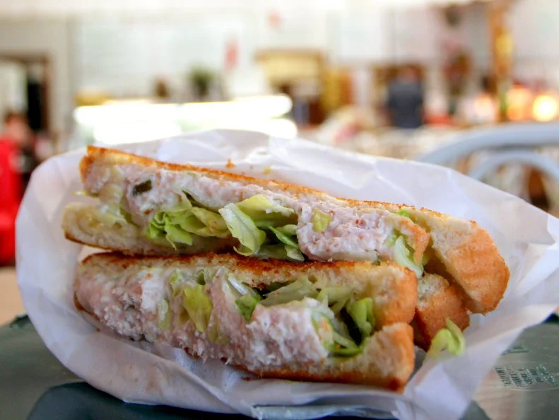 A turkey salad sandwich at Burge's in the Heights in Little Rock, Arkansas as included in Arkansas's Most Iconic Eats for FoodNetwork.com