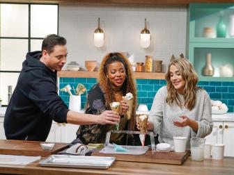 Hosts Tregaye Fraser and Fanny Slater and guest Jeff Mauro demonstrate a Chocolate Chip Cookie Cone, as seen on Food Network's The Kitchen Sink, Season 2.