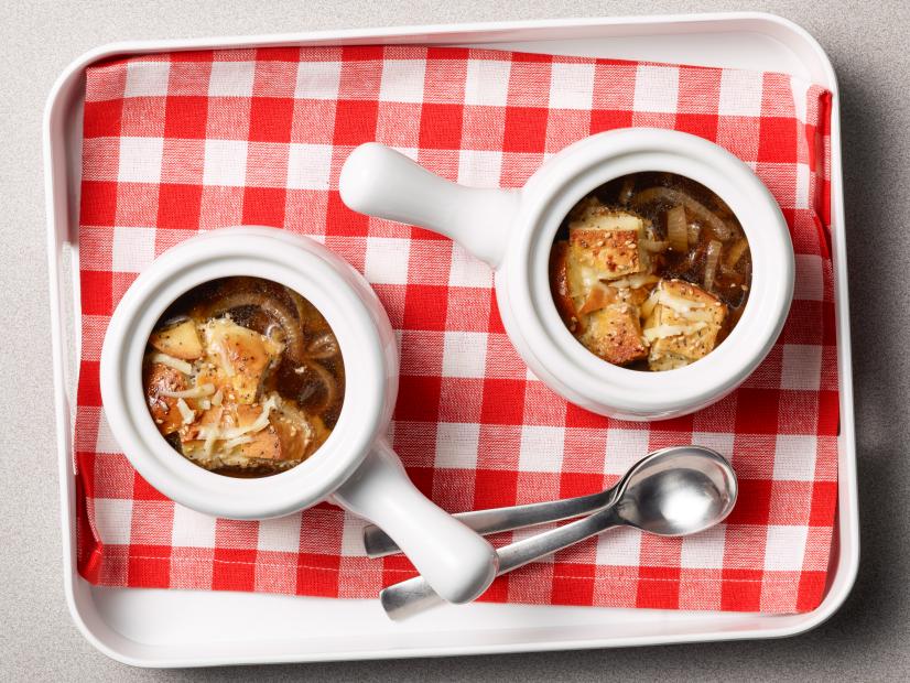 Amanda Freitag's French Onion Soup with Bagel Bread Pudding Croutons for Year of Oats/Drunk Pies/Diners, as seen on Food Network