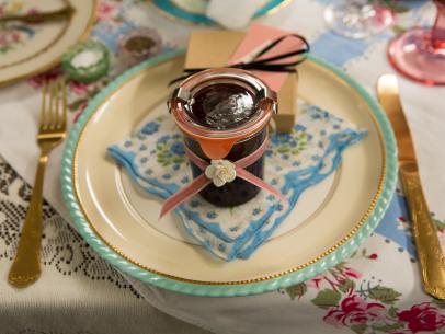 Detail of the the hostess gift of homemade Blackberry Jam that host Tiffani Amber Theissen has prepared for her friends during High Tea: Celebrating Moms, as seen on Cooking Channel's Dinner at Tiffani's, Season 2.