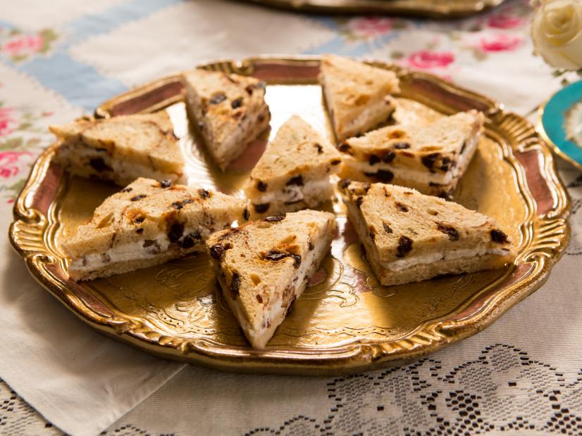 Beauty shot of the Goat Cheese and Pecan Tea Sandwiches during High Tea: Celebrating Moms, as seen on Cooking Channel's Dinner at Tiffani's, Season 2.