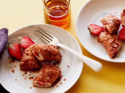FNK KIDS CAN MAKE: STRAWBERRY FRENCH TOAST ROLLUPS  Food Network Kitchen Food Network Cream Cheese, Sugar, Stale White Sandwich Bread, Strawberries, Heavy Cream, Eggs, Ground Cinnamon, Maple Syrup