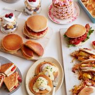 12 THINGS YOU SHOULD MAKE WITH PANCAKES  1. Pancake Grilled Cheese 2. BLT Pancake 3. Peanut Butter and Jelly Pancake Sandwich 4. Pancake Ice Cream Sandwich 5. Pancake Tacos 6. Pancake Whoopie Pies 7. PancakeCake 8. Pancake Bread Pudding 9. Pancake Parfait 10.Pancake Eggs Benedict 11.Pancake Quesadilla 12.Pancake Canapes 12 Things You Should Make with Pancakes Food Network Kitchen Food Network Grilled Cheese, BLT, Peanut Butter and Jelly, Tacos, Ice Cream Sandwich, Whoopie Pies, PancakeCake, Bread Pudding, Pancake Parfait, Eggs Benedict, Quesadilla, Canapes