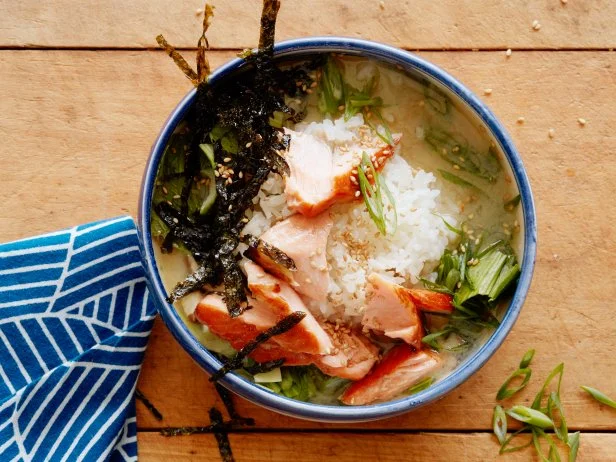 FNK GLAZED SALMON MISO SOUP RICE BOWL Food Network Kitchen Food Network Soy Sauce, Brown Sugar, Lemon Juice, Salmon, Ginger, Scallions, Yellow Miso, Shiitake Mushrooms, Baby Bok Choy, Rice, Seaweed Snack, Sesame Seeds, Sambal