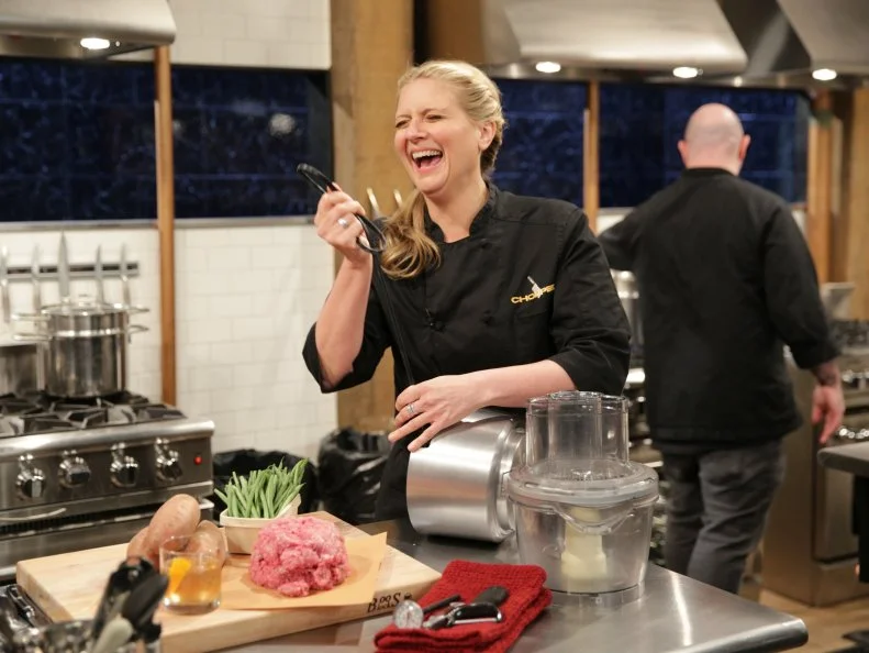 Amanda Freitag and Ted Allen during a grandma theme webisode with special ingredients, meatloaf, sweet potatoes, green beans, and an old fashioned, as seen on Food Network’s Chopped After Hours, Season 24.