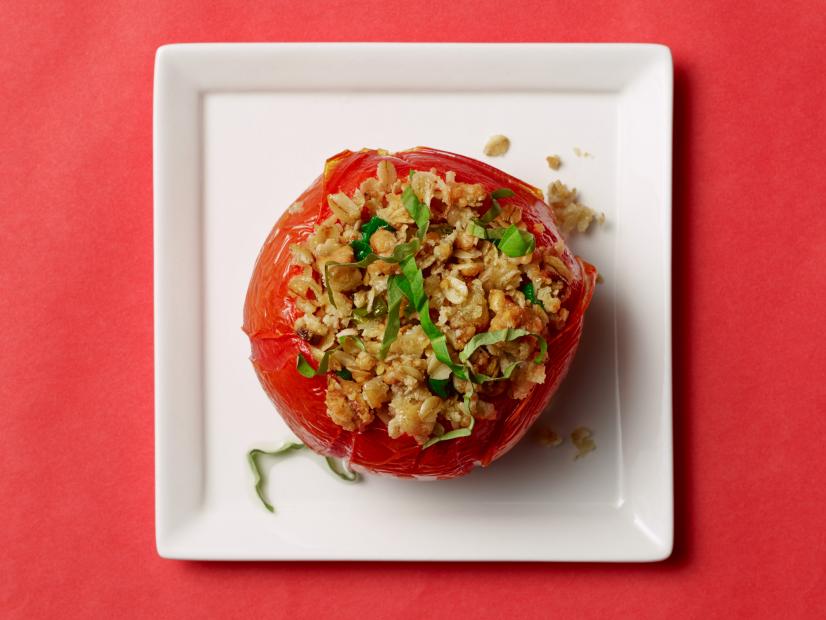 Food Network Kitchen’s Healthy Baked Tomatoes with Cheesy Oat Crumble for Year of Oats/Drunk Pies/Diners, as seen on Food Network.