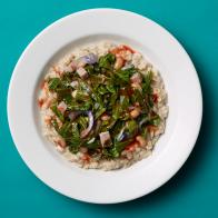 Food Network Kitchen’s Healthy Collard Greens and Black Eyed Peas Over Oats for Year of Oats/Drunk Pies/Diners, as seen on Food Network.