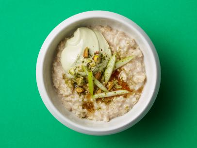 Food Network Kitchen’s Healthy Oatmeal with Matcha Yogurt, Pistachios and Apples for Year of Oats/Drunk Pies/Diners, as seen on Food Network.
