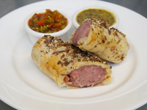 Everything-Spiced Pigs-in-a-Blanket with Cherry Pepper Relish and Horseradish Honey Mustard