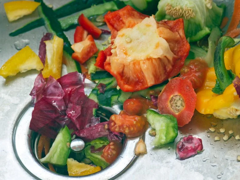 Colorful, raw, organic vegetable peelings in a metal sink