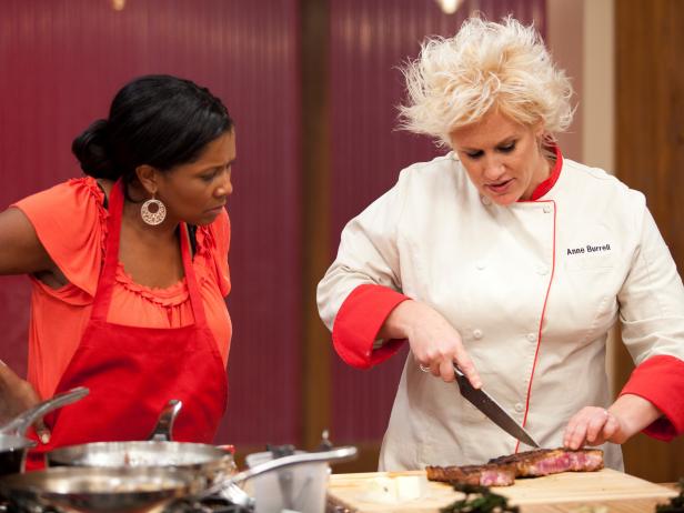 Chef Anne Burrell works with finalist Kelli Powers to create a personalized menu for her final restaurant challenge in the Themes/Building Blocks as seen on Food Network's Worst Cooks in America, Season 3.