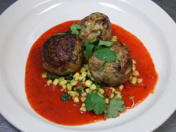 Turkey and Corn Meatballs with Roasted Pepper Sauce Recipe | Robert Irvine