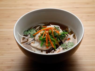Host Anne Burrell's Chicken Pho dish is displayed on the set of Food Network's Worst Cooks in America, Season 8.