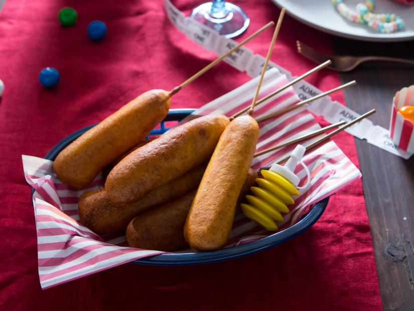 Beauty shot of Corn Dogs during Mini Munchies, as seen on Cooking Channel's Dinner at Tiffani's, Season 2.