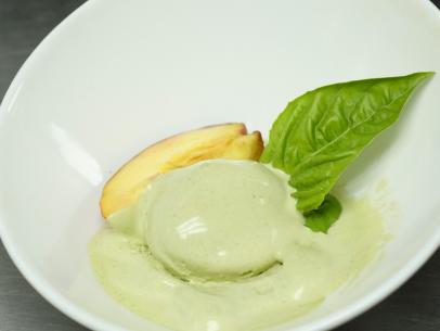 Food beauty of basil ice cream from the team with Host Tyler Florence and contestant Lawrence Crawford, during the final menu challenge, as seen on Food Network’s Worst Cooks In America, Season 8.